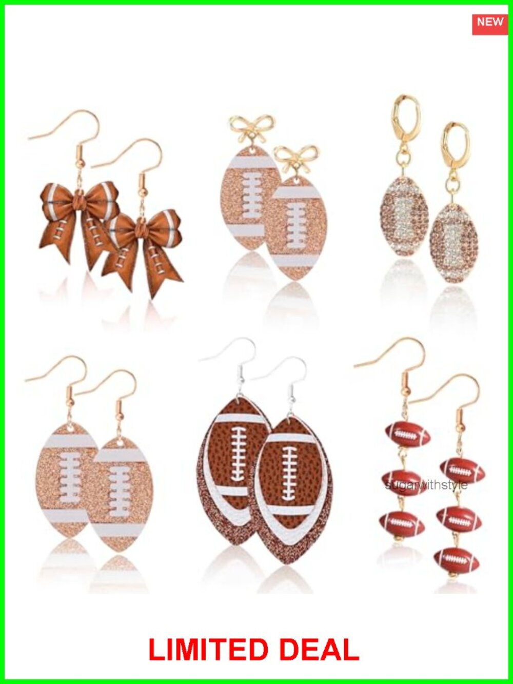 6 Pairs Acrylic Football Earrings Set Rhinestone Drop Dangle Women Jewelry